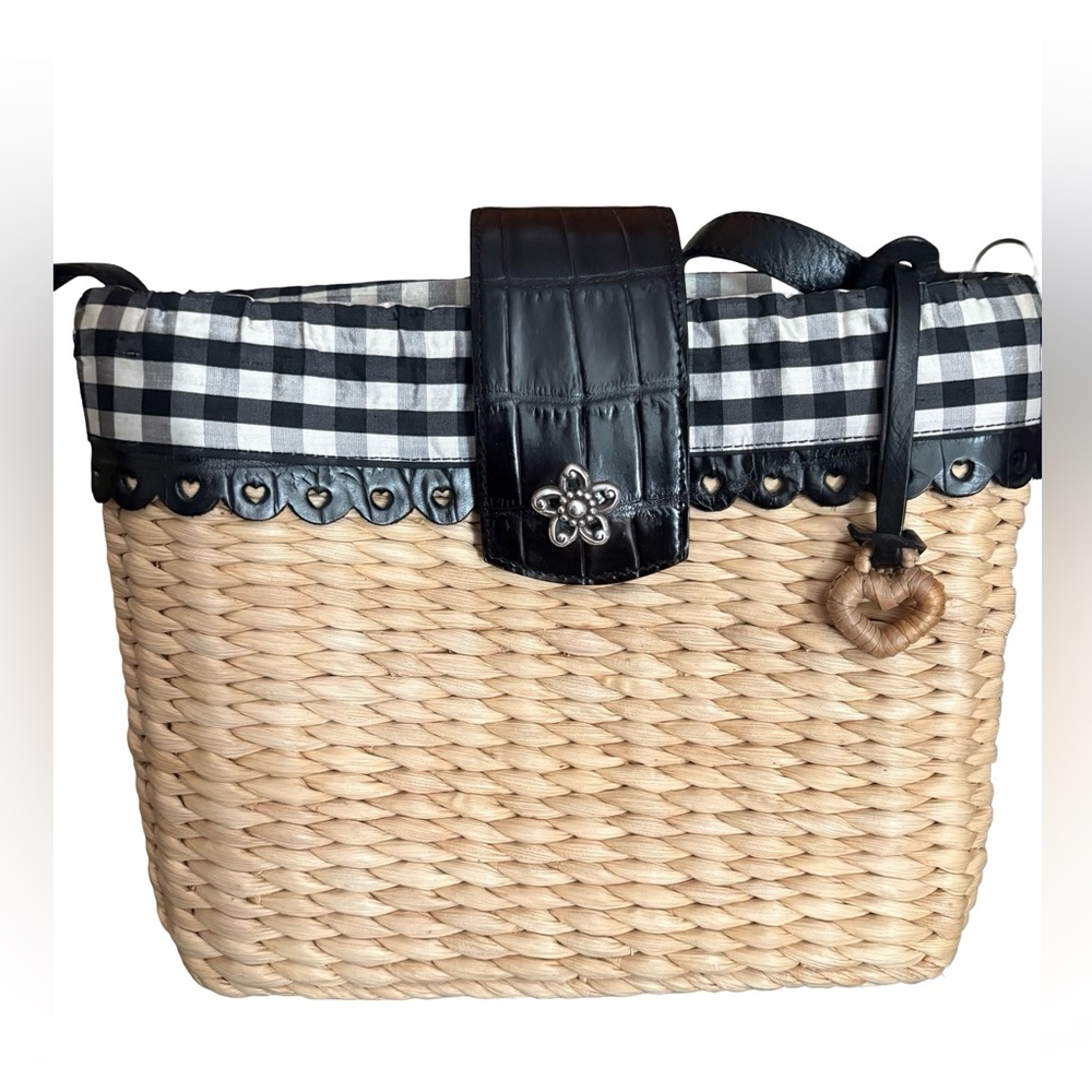 Brighton Natural Straw and Leather Bag with Gingham interior. Authentic.